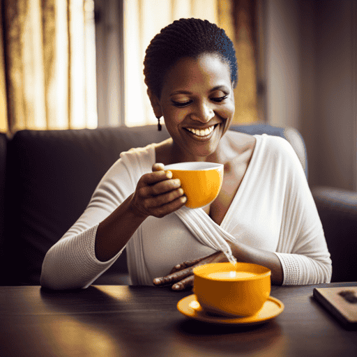 An image showcasing a serene breastfeeding mother savoring a warm cup of turmeric tea, her radiant smile reflecting the tea's golden hue