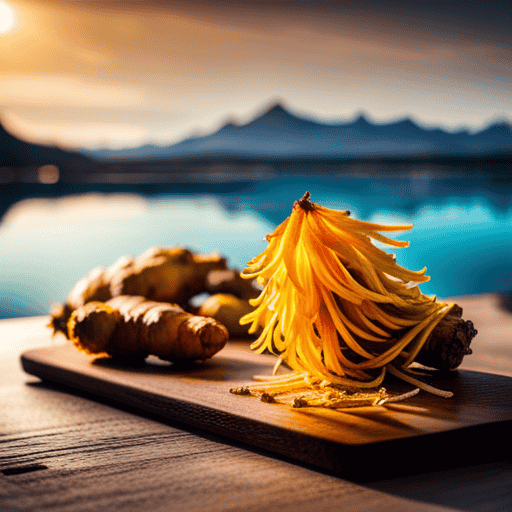 An image featuring a vibrant, close-up shot of a golden, freshly grated ginger root and a vibrant yellow turmeric root, both neatly arranged on a wooden cutting board next to a glass of refreshing water