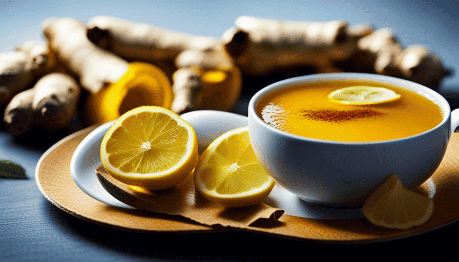 An image showcasing a steaming cup of vibrant ginger and turmeric tea, beautifully garnished with slices of lemon and a sprig of fresh mint, evoking a sense of calmness and suggesting its potential to lower blood pressure