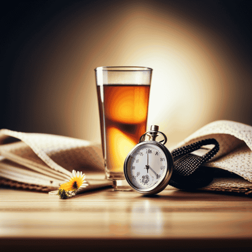 An image showcasing a serene setting with a tall, clear glass containing freshly brewed herbal tea next to a stopwatch, symbolizing the concept of fasting