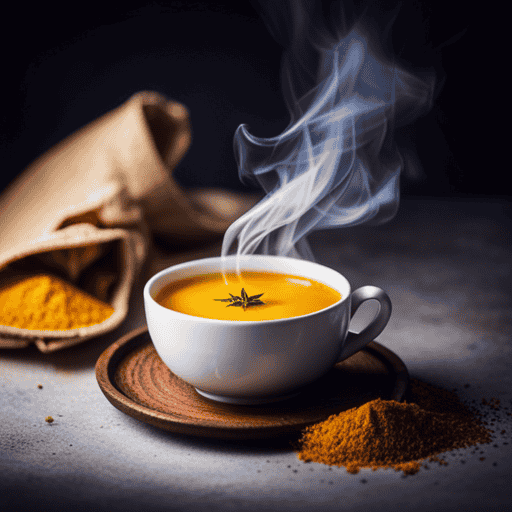 An image showcasing a steaming cup of vibrant, golden turmeric tea being served in a delicate porcelain mug