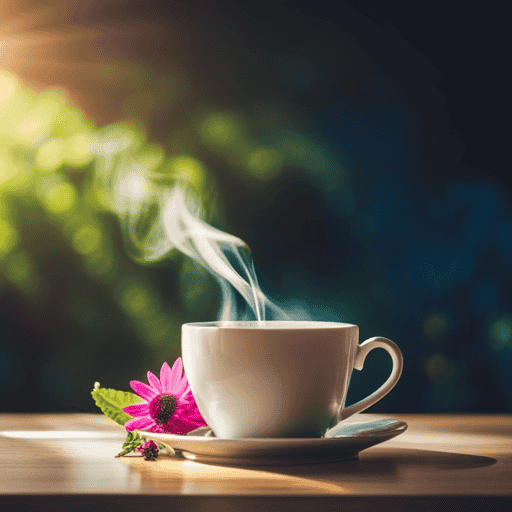An image showcasing a serene morning scene with a steaming cup of herbal tea, surrounded by vibrant and aromatic herbs, delicately infusing in the sunlight streaming through a window, evoking a sense of calm and rejuvenation