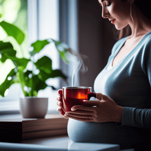 An image featuring a serene pregnant woman gently cradling a cup of steaming herbal tea, surrounded by vibrant, soothing botanicals