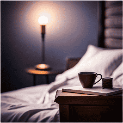 An image of a serene, dimly lit bedroom with a cozy armchair beside a bedside table adorned with a steaming cup of herbal tea and a bottle of melatonin, enticing readers to ponder the compatibility of these two sleep aids