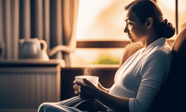 An image showcasing a serene nursing mother sitting in a cozy chair, enjoying a steaming cup of Oolong tea