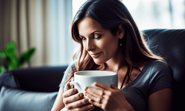 An image showcasing a serene, expectant mother gently cradling a warm cup of rooibos tea, emphasizing her glowing complexion and peaceful demeanor, illustrating the potential benefits of enjoying this caffeine-free herbal beverage during pregnancy