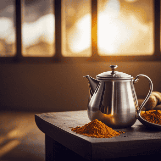 An image capturing the serene ambiance of a cozy kitchen with a steaming mug of vibrant golden turmeric tea, adorned with delicate saffron threads and surrounded by freshly grated turmeric root and fragrant spices