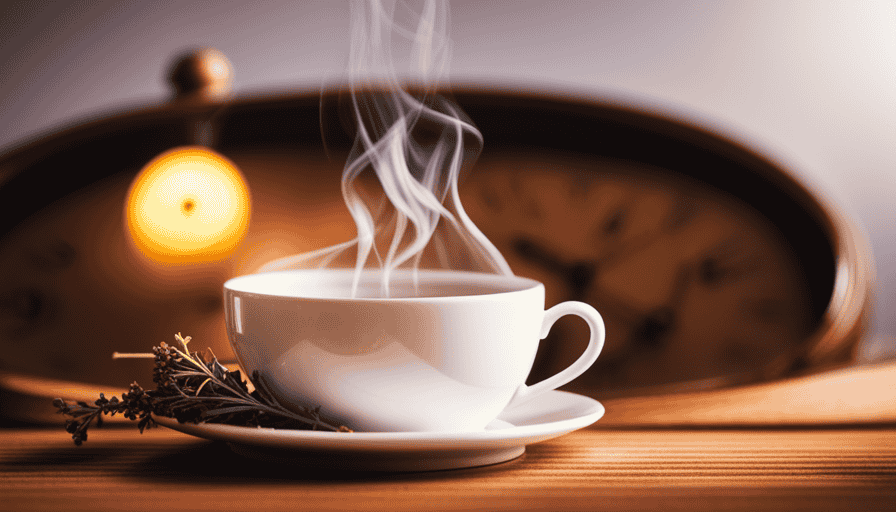 An image showcasing a serene scene of a cup of steaming herbal tea placed beside a clock, symbolizing the concept of fasting