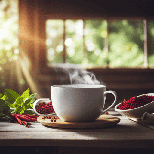 An image showcasing a steaming cup of aromatic herbal tea, surrounded by a variety of fresh herbs and spices