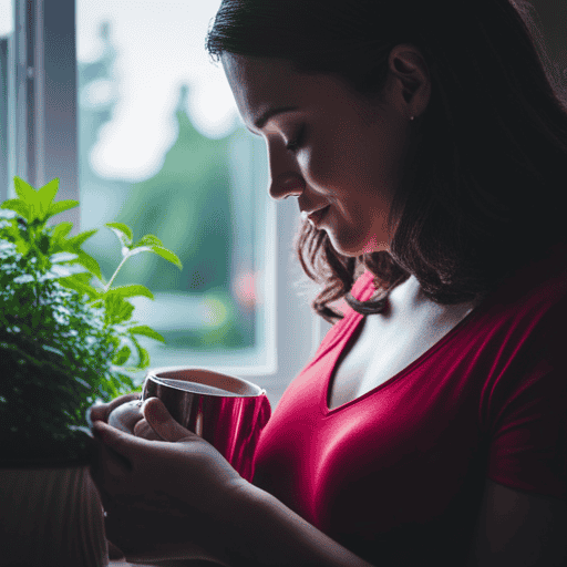 An image showcasing a serene pregnant woman savoring a warm cup of herbal tea, surrounded by vibrant botanicals
