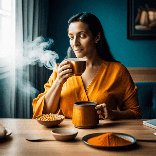 An image showcasing a serene, expectant mother savoring a steaming cup of vibrant, golden turmeric tea