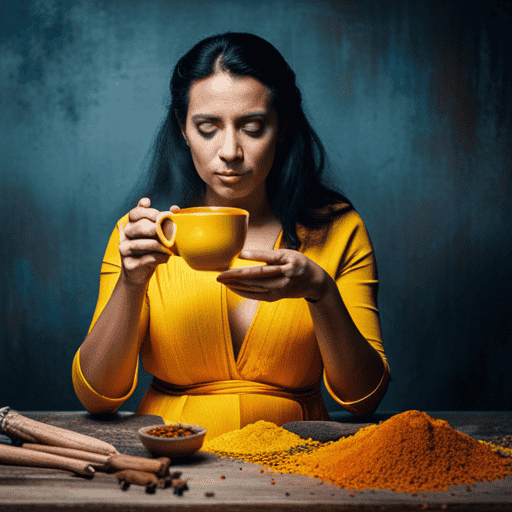 An image showcasing a serene pregnant woman gently cradling a steaming cup of turmeric tea, surrounded by vibrant yellow turmeric roots and fragrant spices, evoking a sense of calmness, nourishment, and safe indulgence