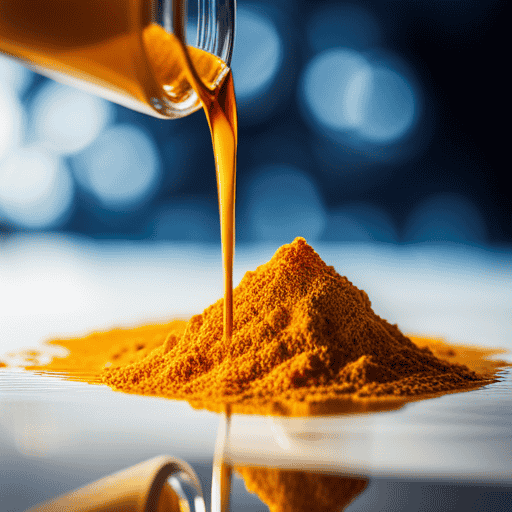 An image capturing the process of combining vibrant golden turmeric powder and refreshing crystal-clear water in a glass, showcasing the simple yet intriguing act of blending them together for a healthy drink