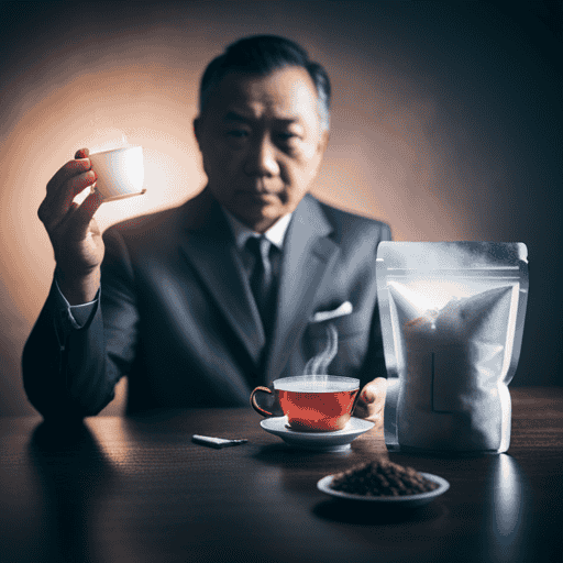 An image showcasing two contrasting scenes: a person holding a packet of Z Pack antibiotics in one hand, and in the other hand, a cup of steaming Chinese herbal tea with ingredients like ginseng, ginger, and chamomile