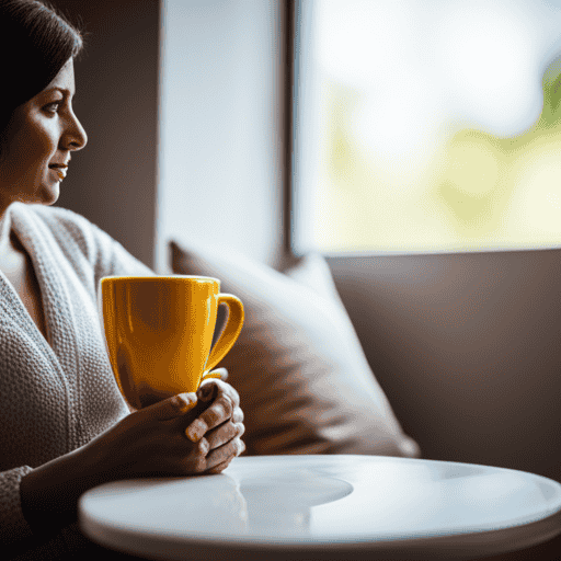 An image showcasing a serene pregnant woman enjoying a warm cup of turmeric tea, emphasizing her contentment and relaxation