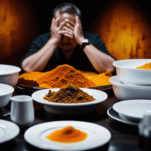 An image of a person clutching their stomach, with a distressed expression, sitting in front of a table covered in various turmeric-infused dishes; emphasizing discomfort, bloating, and constipation