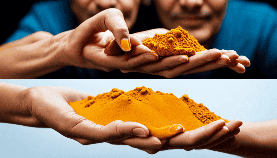 An image showcasing a split-screen composition of a person's hand before and after applying a turmeric-based skin product, highlighting the contrasting colors and the potential transformative effects of turmeric on skin tone
