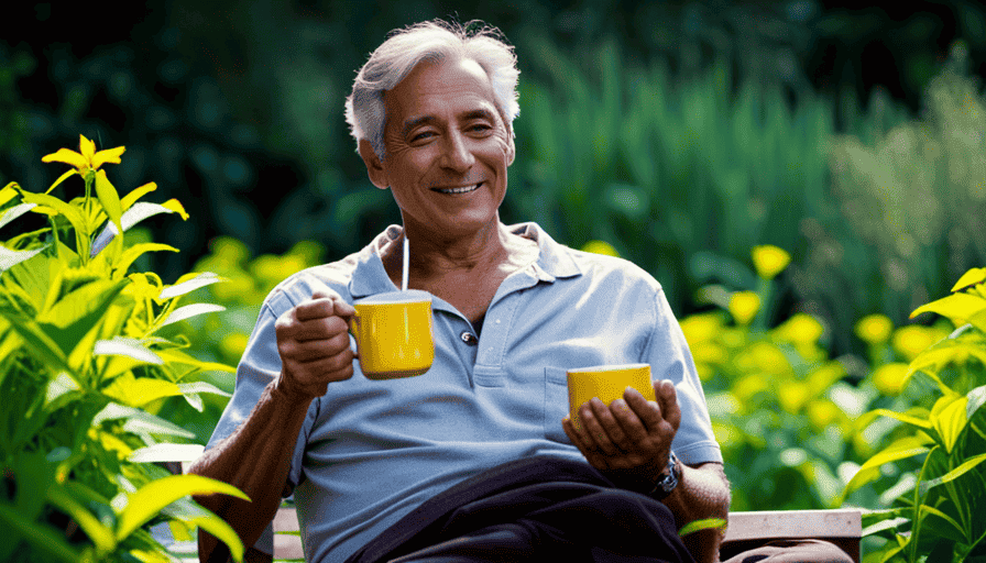 An image showcasing a man in his 50s, visibly relieved and relaxed, holding a cup of golden turmeric tea while sitting in a peaceful garden, surrounded by vibrant turmeric plants