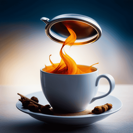 An image of vibrant turmeric leaves gracefully floating in a steaming teapot, releasing their golden essence into a cup
