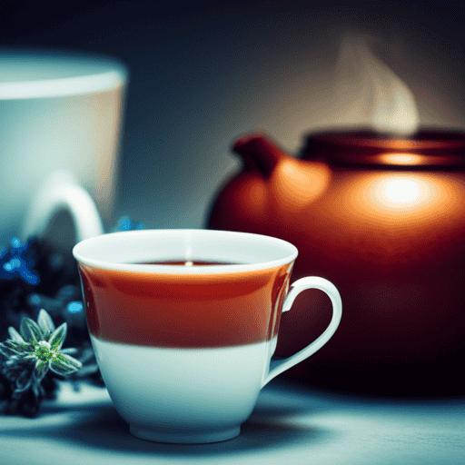 An image of a serene, early morning scene with a delicate teacup filled with steaming herbal tea, alongside a blood test kit, highlighting the question of whether herbal tea can be consumed during fasting