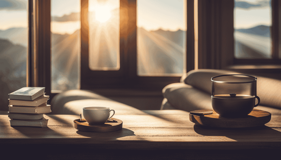 An image of a serene, dim-lit room at dawn, with a steaming cup of fragrant herbal tea placed on a wooden tray near a window