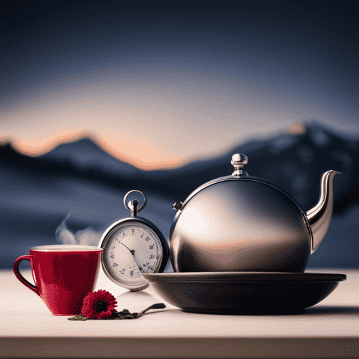 An image showcasing a serene, early morning scene with a steaming cup of herbal tea placed next to a stopwatch, symbolizing the juxtaposition of intermittent fasting and the soothing ritual of enjoying herbal tea