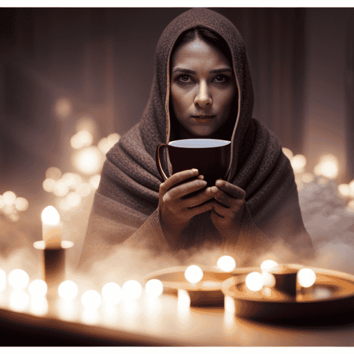 An image featuring a cozy, dimly lit room with a person wrapped in a warm blanket, holding a steaming cup of herbal tea