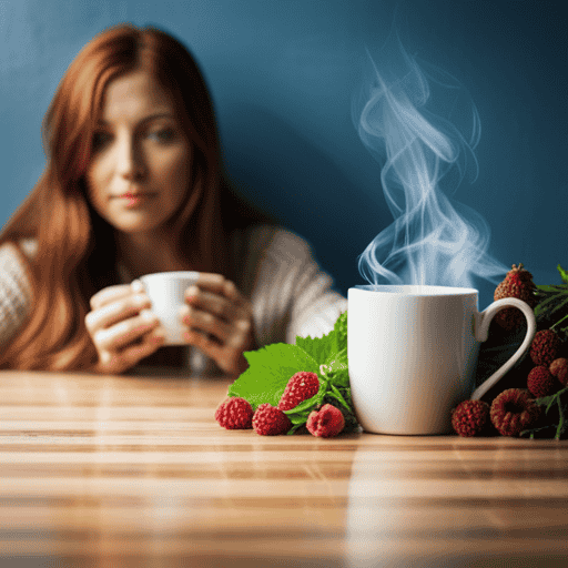 An image showcasing a serene setting, featuring a woman cradling a warm mug of herbal tea while surrounded by blooming fertility herbs like red raspberry leaf, nettle, and chamomile