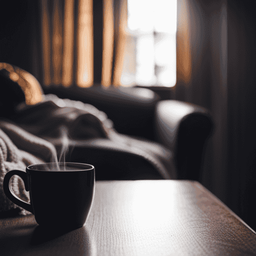 An image showcasing a cozy, dimly-lit room with a person wrapped in a warm blanket, holding a steaming cup of herbal tea