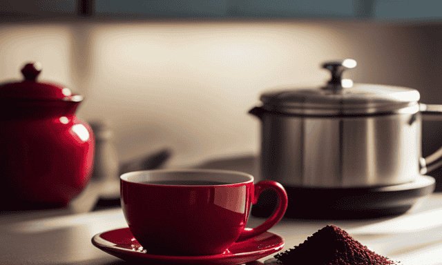 An image of a serene, sunlit kitchen countertop with a steaming cup of rich red Rooibos tea beside a neatly arranged pillbox containing Atenolol