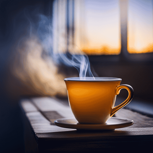 An image showcasing a steaming mug of vibrant yellow turmeric tea, gently swirling with a hint of steam, surrounded by soothing elements like honey, ginger, and lemon, exuding comfort and relief for a sore throat