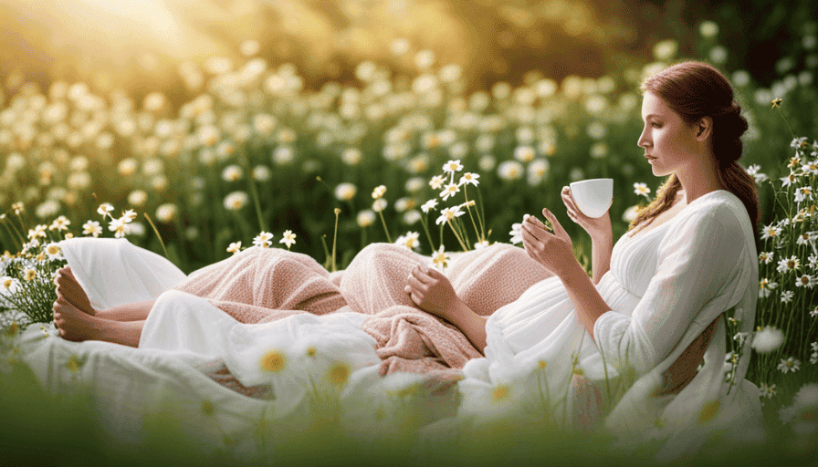 An image of a serene, pastel-hued scene with a glowing pregnant woman peacefully sipping a warm cup of aromatic herbal tea, surrounded by blooming chamomile, peppermint, and ginger plants