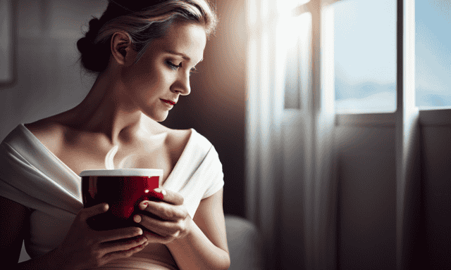 An image showcasing a serene pregnant woman delicately holding a warm cup of rooibos tea, with steam gently rising from it