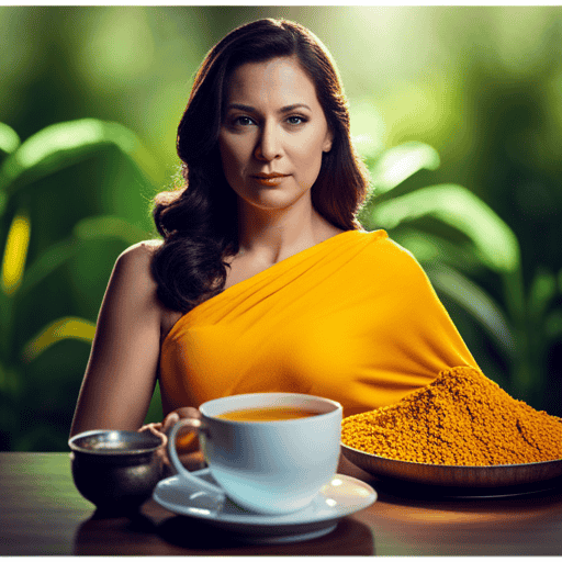 An image showing a serene pregnant woman holding a warm cup of turmeric tea, surrounded by vibrant yellow turmeric roots and leaves