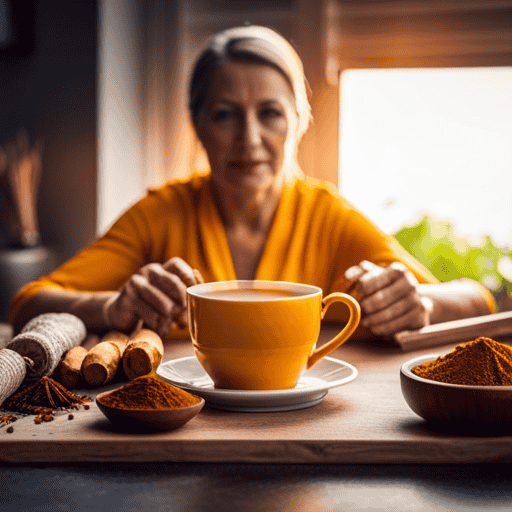 An image that showcases a woman enjoying a soothing cup of vibrant turmeric tea, radiating wellness and vitality