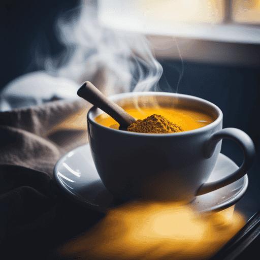 An image showcasing a cozy kitchen scene with a steaming mug of vibrant, golden turmeric tea