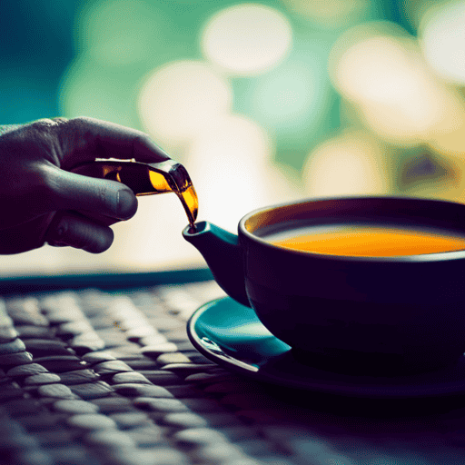 An image capturing a serene scene of a hand gently pouring a vibrant golden liquid from a teapot into a delicate teacup, showcasing the process of preparing homemade turmeric tea for inflammation