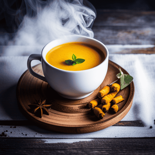 An image showcasing a vibrant yellow cup of homemade turmeric tea, steam gently rising from it
