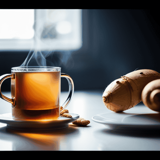 An image showcasing a steaming cup of ginger tea surrounded by floating ginger slices and a timer, highlighting the vibrant golden hue of the tea and the delicate aroma of ginger