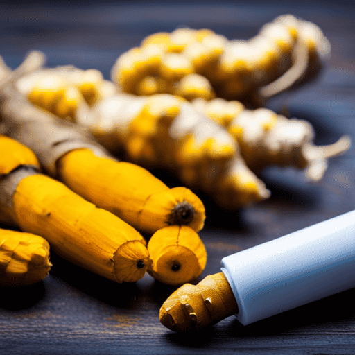 An image showcasing a vibrant yellow turmeric root and a white bottle of allopurinol standing side by side on a wooden surface