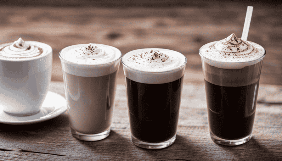 the essence of coffee culture: A close-up shot of three perfectly crafted beverages sits side by side on a rustic wooden table, revealing the distinct layers of creamy milk, rich espresso, and velvety foam in a cappuccino, latte, and macchiato