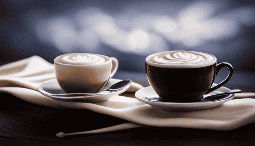 An image showcasing two identical porcelain cups filled with rich, velvety espresso, one topped with a cloud-like layer of frothy milk, the other adorned with a smooth, glossy blanket of microfoam