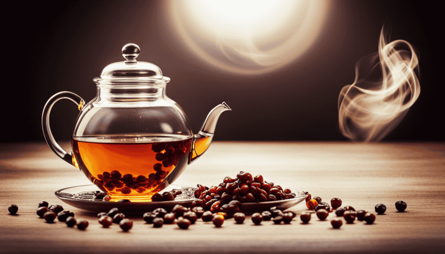 An image showcasing the mesmerizing process of brewing cascara: a vibrant, amber-hued infusion streaming elegantly from a delicate teapot, while coffee cherries gracefully rest nearby, exuding their rich aroma