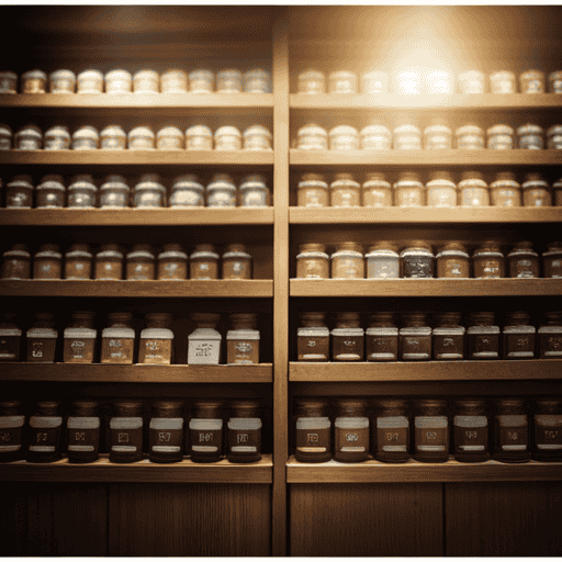 An image showcasing a vibrant botanical tea store, filled with rows of neatly arranged glass jars, each containing fresh and aromatic cerasee herbal tea
