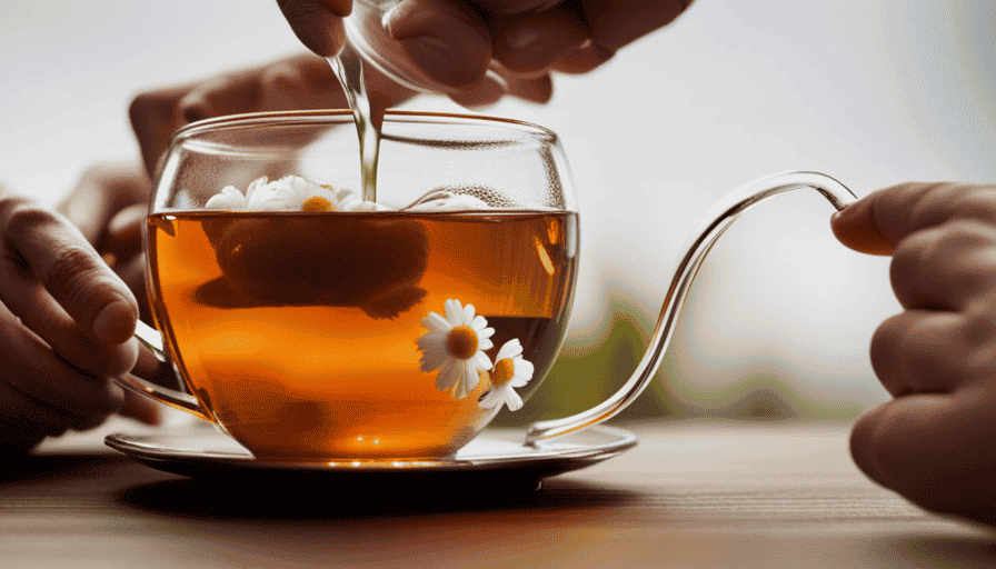 An image showcasing the step-by-step process of making chamomile flower tea: a delicate hand plucks fresh chamomile blossoms, they're gently steeped in a teapot, and finally, a soothing amber-hued tea is poured into a teacup