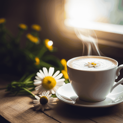 An image capturing a cozy scene: a steaming cup of Chamomile Tea Latte gently resting on a rustic wooden table, surrounded by a bouquet of vibrant chamomile flowers, with soft sunlight filtering through a nearby window