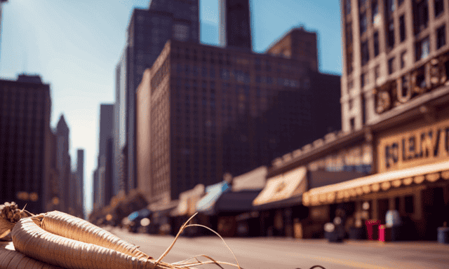 An image showcasing the vibrant cityscape of Chicago with iconic landmarks in the background, while a cozy neighborhood market stall in the foreground displays a variety of freshly harvested and aromatic chicory roots