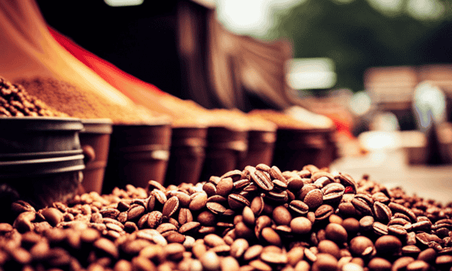 An image showcasing a vibrant Fort Worth market stall, adorned with neatly arranged bags of aromatic chicory root coffee, enticing passersby with their rich earthy hues and distinct aroma