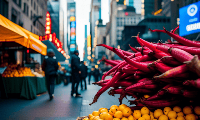 An image that captures the essence of New York City, showcasing a bustling marketplace with vendors selling chicory root