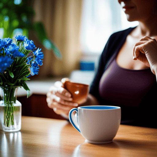 An image of a glowing pregnant woman enjoying a cup of herbal tea made from chicory root, surrounded by vibrant blue flowers